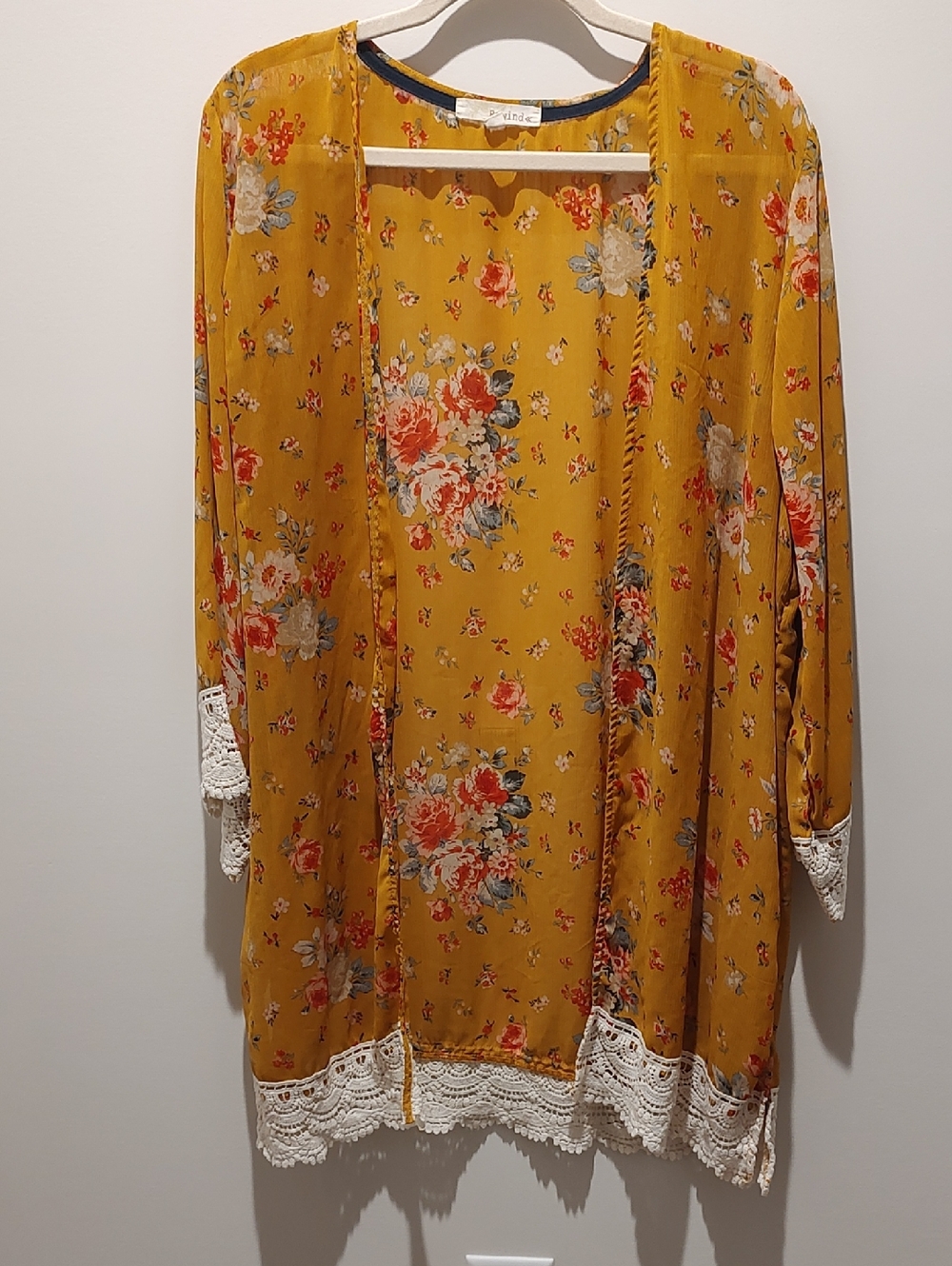 Mustard Floral Crochet Trim Kimono Cover Up Breezy Flowy Resort Beach Streetwear